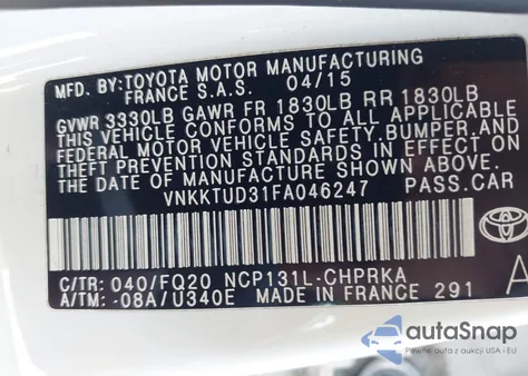 2015 Toyota Yaris L из США, поврежденный, VIN VNKKTUD31FA046247